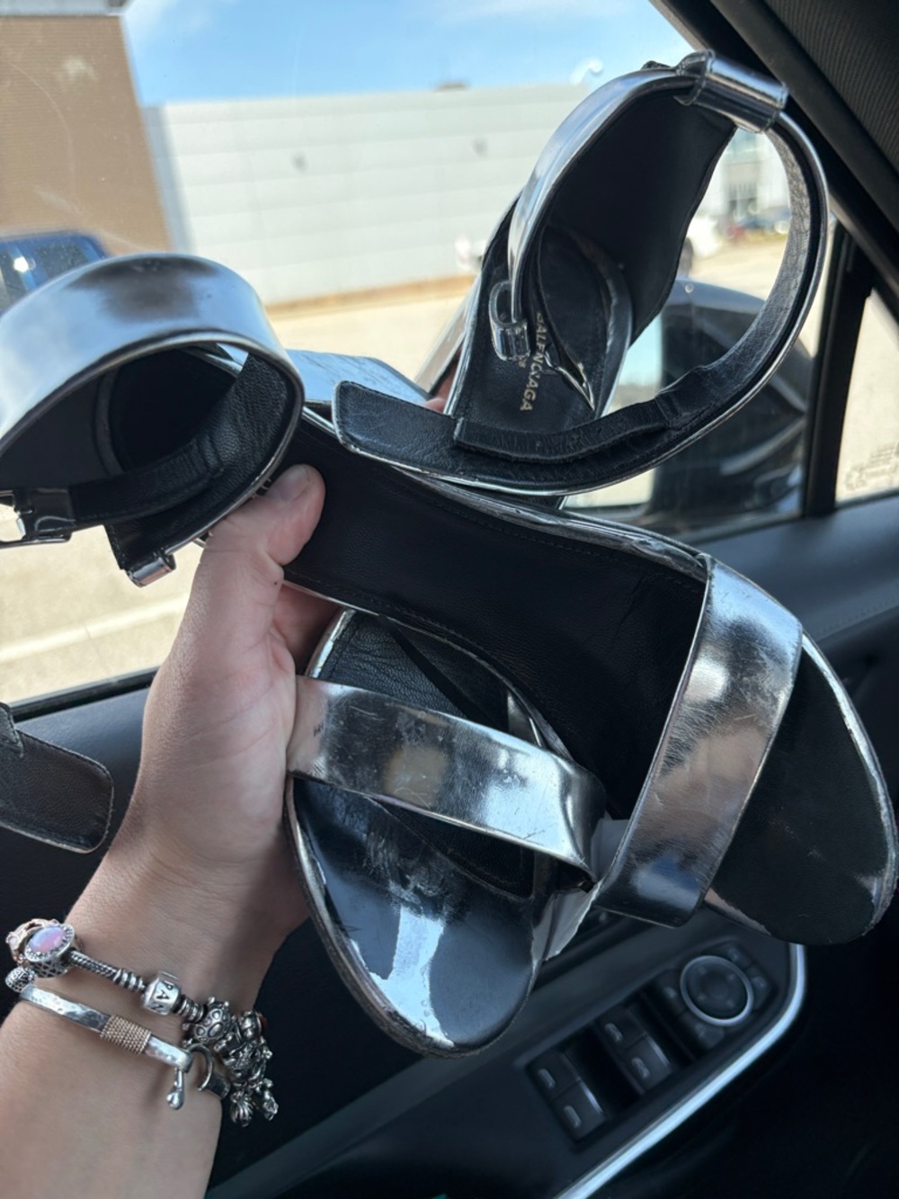 Balenciaga Metallic Silver Strappy Heeled Sandals